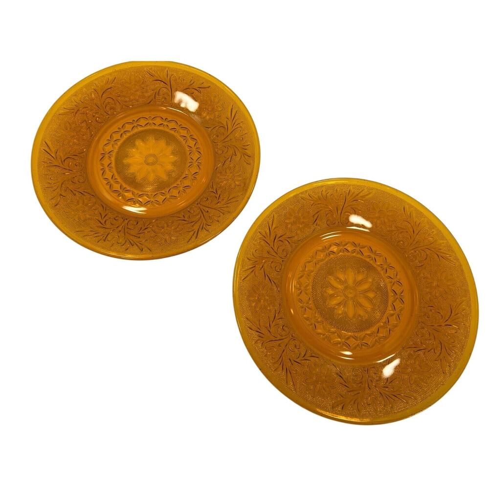 Tiara Exclusives Amber Sandwich Glass‎ Plates Set of 2 Vintage Floral 8 inch